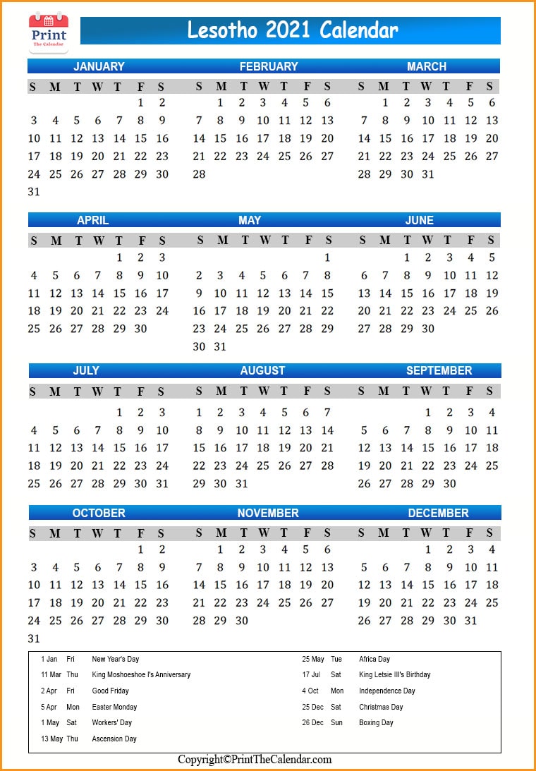 Lesotho Calendar 2021